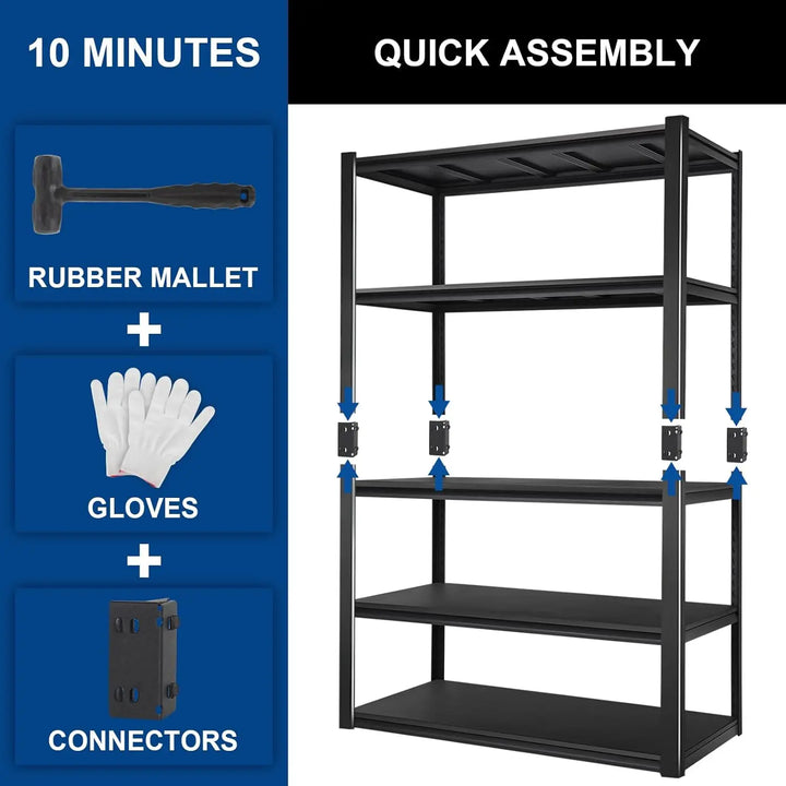 2750LBS 48" W x 24" D x 72" H Garage Shelving, 5-Shelf Industrial Storage Shelves Heavy Duty, Metal Shelving Units with Adjustable Shelf, Steel Utility Shelves, Black 