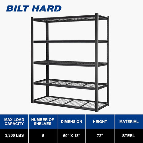 BILT HARD 60" W Garage Shelving 3300 LBS, 72" H x 18" D Storage Shelves, Heavy Duty 5-Tier Metal Shelving Units with Adjustable Shelf, Steel Wire Utility Shelving