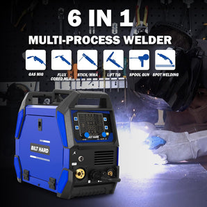 BILT HARD Aluminum 250A 6-in-1 IGBT MIG Welder, Gas MIG/Flux Core MIG/Lift TIG/Stick/Spot Welding/Spool Gun Compatible Welding Machine, 110V/220V Multi-Process Welder w/LED Display