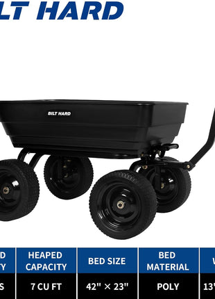 BILT HARD Poly Garden Dump Cart 1200 lbs with No Flat Tires, Quick Release, 2-in-1 Convertible Handle, 7 Cu Ft Dump Wagon Heavy Duty for Yard, Outdoor