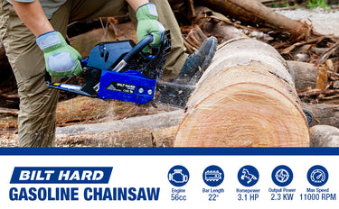 BILT HARD 56cc gasoline chainsaw cutting large logs