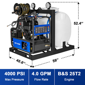 4 GPM 4000 PSI B&S Engine 420cc Gas Powered Hot Water Pressure Washer – Commercial Skid Mount | 300,000 BTU | 175 Gallon