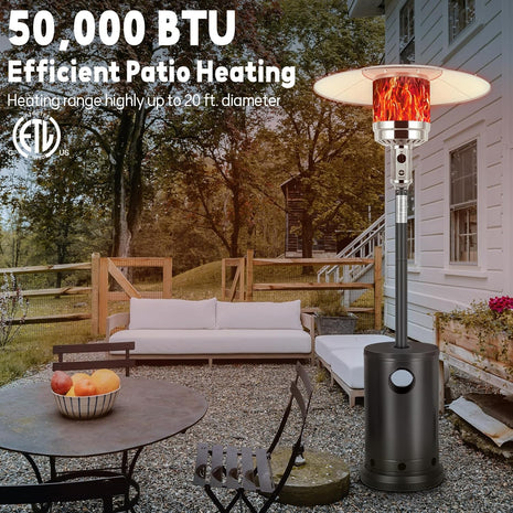 BILT HARD 50,000 BTU Propane Patio Heater with Table Design, Double-Layer Stainless Steel Burner and Wheels, Tip-over Protection System, Outdoor Patio Heater for Home,Garden & Commercial, Black