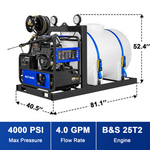 4 GPM 4000 PSI B&S Engine 420cc Gas Powered Hot Water Commercial Skid Mount Pressure Washer – | 300,000 BTU | 245 Gallon