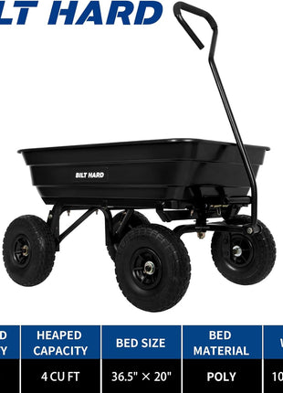 BILT HARD Poly Garden Dump Cart 600 lbs with No Flat Tires, Quick Release, 4 Cu Ft Dump Wagon Heavy Duty for Yard, Outdoor