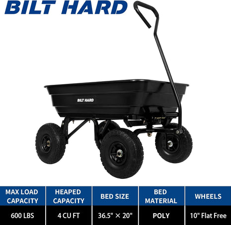 BILT HARD Poly Garden Dump Cart 600 lbs with No Flat Tires, Quick Release, 4 Cu Ft Dump Wagon Heavy Duty for Yard, Outdoor