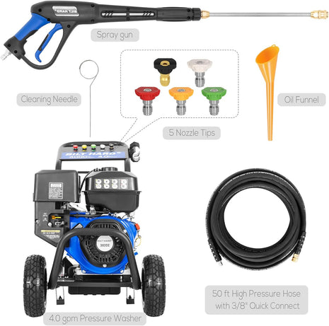 BILT HARD Commercial Pressure Washer, 4000 PSI 4.0 GPM Gas Power Washer Heavy Duty, 302cc Engine, Include Spray Gun and Wand, 5 QC Nozzle Tips, 50 Ft Hose with 3/8" Quick Connect