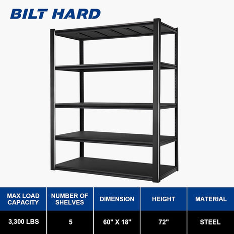 BILT HARD 3300LBS 60" W x 18" D x 72" H Garage Shelving, 5-Shelf Industrial Storage Shelves Heavy Duty, Metal Shelving Units with Adjustable Shelf, Steel Utility Shelves