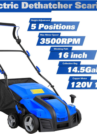 16-Inch Electric-Powered Dethatcher Scarifier with 15 Amp Copper Motor, 5-Position Depth Adjustment, 14.5 Gallon Thatch Bag. 2-in-1 Walk-Behind Thatch Removing Machine 