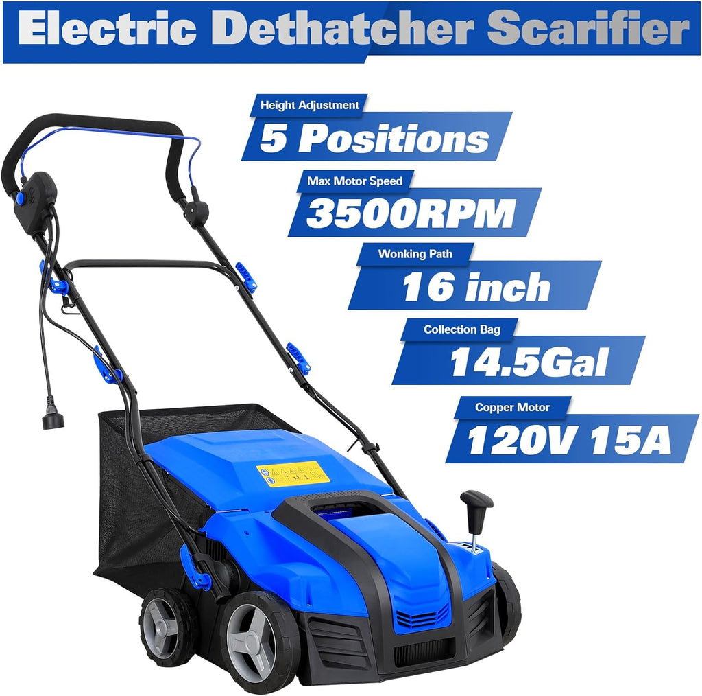 16-Inch Electric-Powered Dethatcher Scarifier with 15 Amp Copper Motor, 5-Position Depth Adjustment, 14.5 Gallon Thatch Bag. 2-in-1 Walk-Behind Thatch Removing Machine 