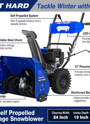 BILT HARD Snow Blower Gas Powered, 24 Inch 2-Stage Self-Propelled 212cc Engine with Electric Start, LED Headlight, 13" Snow Terrain Tires