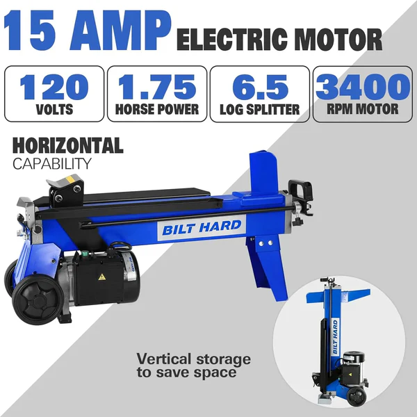 BILT HARD Log Splitter 6.5 Ton, Wood Splitter Electric Powered 15Amp, with Hydraulic Ram, 90 Days Warranty 