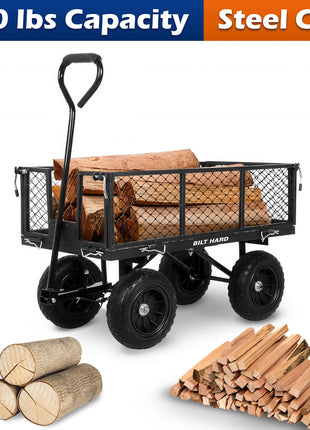 BILT HARD 400 lbs 10" Flat Free Tires Steel Garden Cart with 180° Rotating Handle and Removable Sides, 4 Cu.Ft Capacity Utility Heavy Duty Garden Carts and Wagons