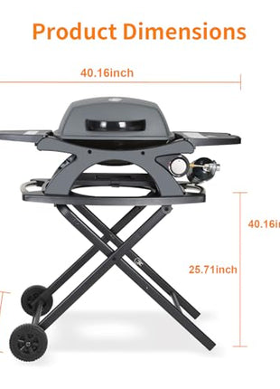 Hykolity Portable Stand-Up Propane Gas Grill, 12,000 BTU Outdoor BBQ Grill with Collapsible Cart, Camping Grill with Removable Side Tables and Built-in Thermometer for Outdoor Cooking, Tailgating