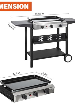 Hykolity 3 Burner Flat Top Gas Griddle with Ceramic Coated Iron Pan, 30,000 BTU Outdoor Propane BBQ Griddle, Stainless Steel Barbecue Gas Grill for Camping, Tailgating, Cooking