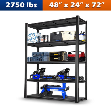 2750LBS 48" W x 24" D x 72" H Garage Shelving, 5-Shelf Industrial Storage Shelves Heavy Duty, Metal Shelving Units with Adjustable Shelf, Steel Utility Shelves, Black