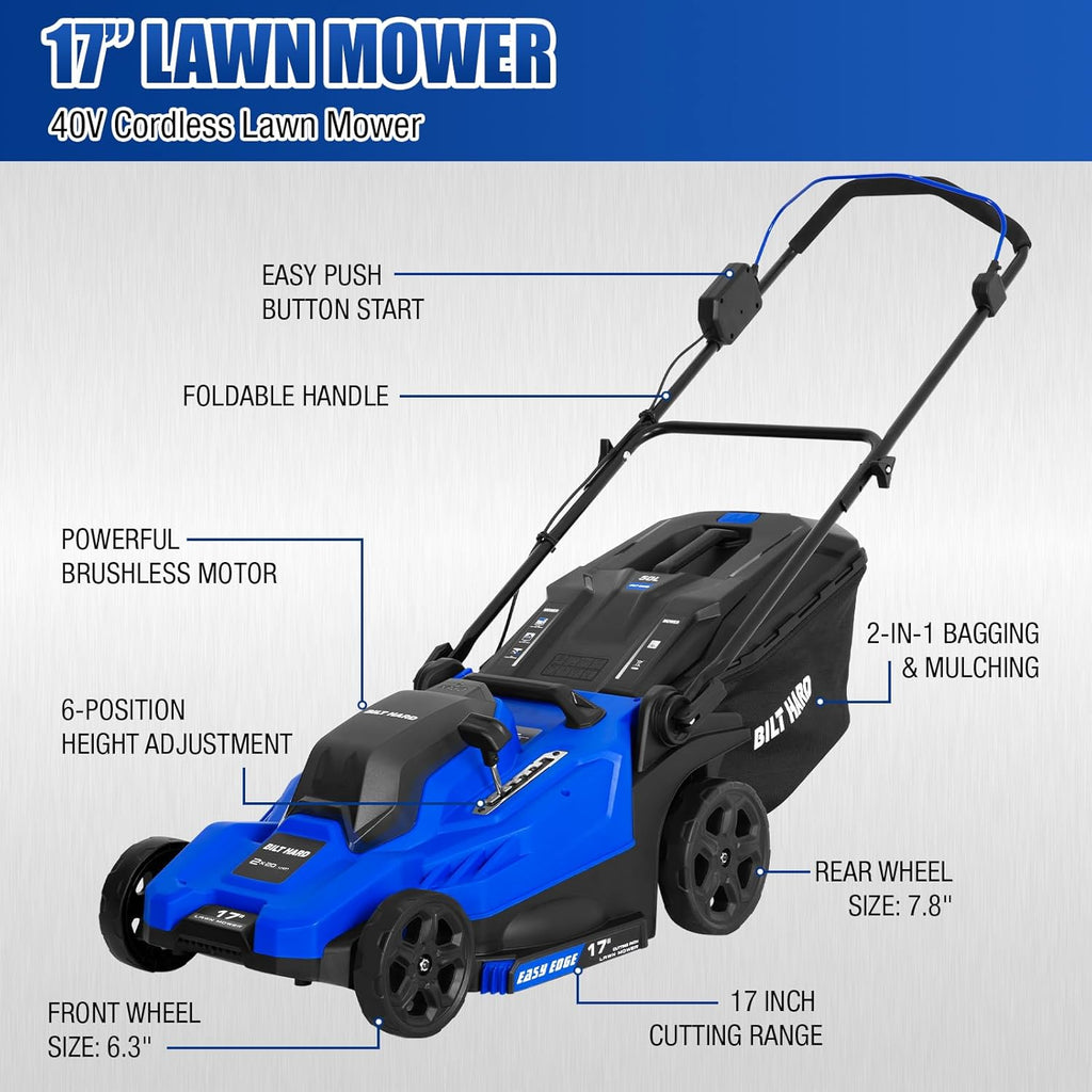 BILT HARD 40V 17" Brushless Cordless Lawn Mower, 2-in-1 12" String Trimmer & Edger and Leaf Blower Combo Set, Electric Battery Lawn Mower Set with 3 x 4.0Ah Batteries and Dual Charger