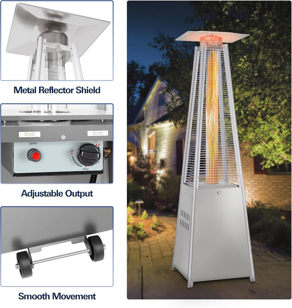 BILT HARD Pyramid Patio Heater, 48,000 BTU Outdoor Patio Heater with Wheels and Cover,Triple Protection System, Quartz Glass Tube Propane Heater for Commercial & Residential, Silver Grey