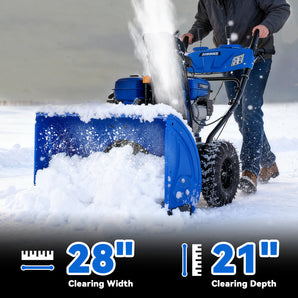 28 Inch Gas Powered Snow Blower 302cc 4 Stroke Engine 2 Stage with Corded Electric Start, Steering Control and LED Light, Self Propelled Snow Removal Equipment
