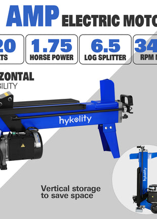 HYKOLITY Log Splitter 6.5 Ton, Wood Splitter Electric Powered 15Amp, with Hydraulic Ram, Electric Firewood Splitting Machine, Horizontal