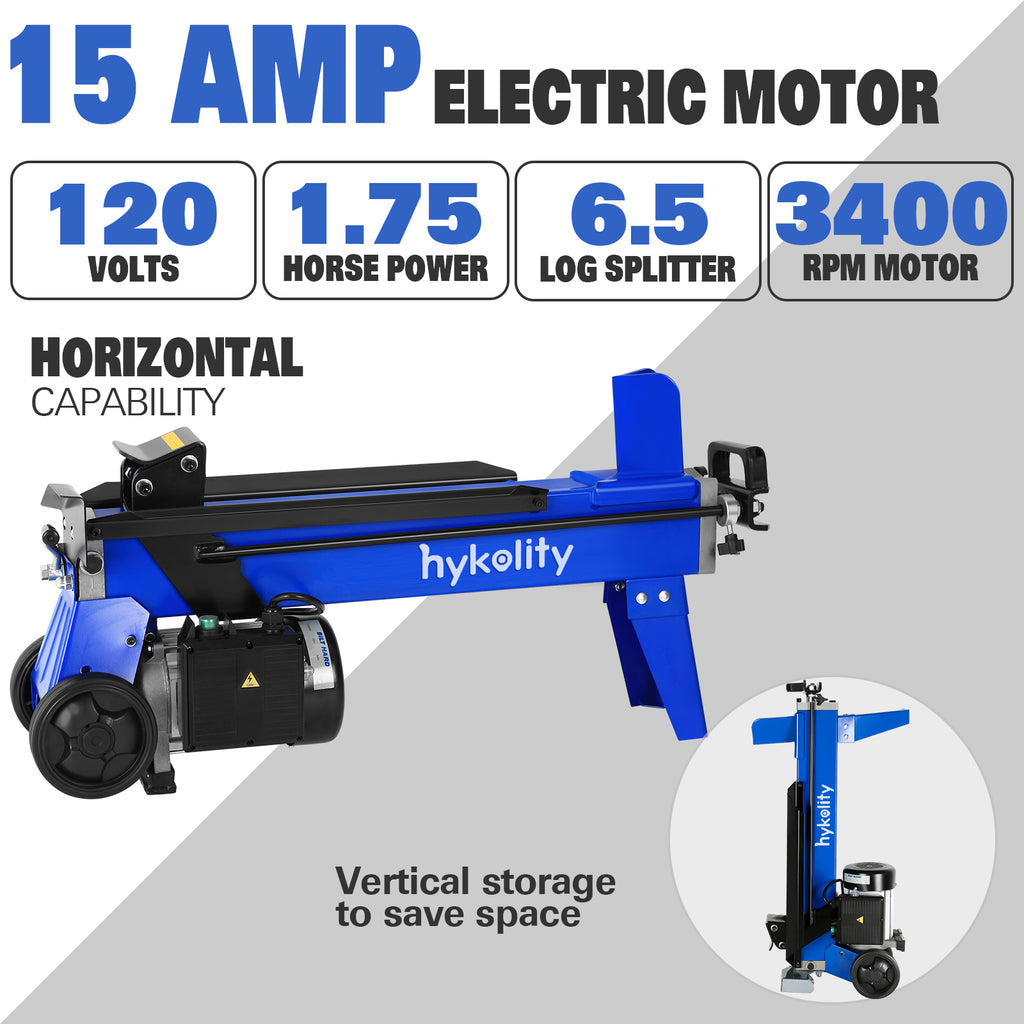 HYKOLITY Log Splitter 6.5 Ton, Wood Splitter Electric Powered 15Amp, with Hydraulic Ram, Electric Firewood Splitting Machine, Horizontal