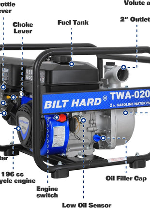 BILT HARD Semi Trash Pump 2 inch, 158 GPM 6.5HP Gas Powered Water Pump, 196cc 4-Cycle Engine with 50 ft Discharge Hose, 12 ft Suction Hose and Complete Fittings, EPA Certified