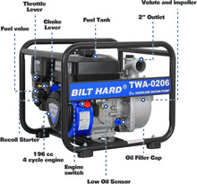 Load image into Gallery viewer, BILT HARD Semi Trash Pump 2 inch, 158 GPM 6.5HP Gas Powered Water Pump, 196cc 4-Cycle Engine with 50 ft Discharge Hose, 12 ft Suction Hose and Complete Fittings, EPA Certified