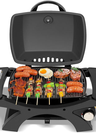 Hykolity 12,000 BTU Portable Tabletop Propane Gas Grill, Outdoor BBQ Grill with Built-in Thermometer, Black Camping Grill with Removable Side Tables for Outdoor Cooking, Tailgating