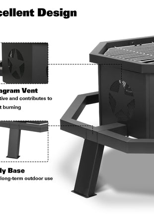 Hykolity 35 Inch 2 in 1 Fire Pit with Grill, Large Wood Burning Fire Pit with Cooking Grate, Octagonal Outdoor Firepit with Fire Poker for Backyard Bonfire Patio Outside Picnic BBQ