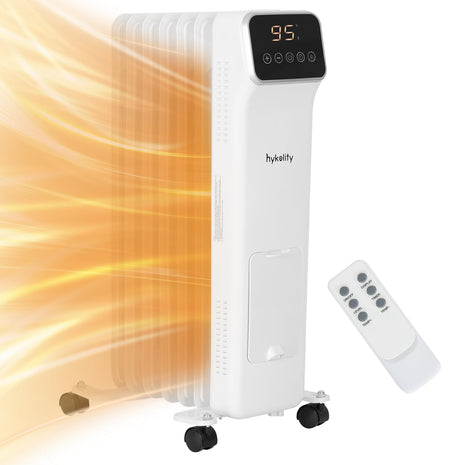 Hykolity 1500W Oil Filled Radiator Heater with Remote Control, Electric Space Heater with 3 Heating Modes & 24H Timer, Adjustable Thermostat, Overheat & Tip-Over Protection for Home, Indoor use, White