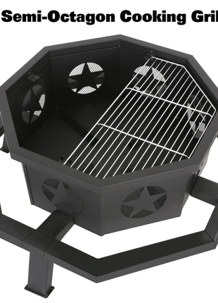 Hykolity 35 Inch 2 in 1 Fire Pit with Grill, Large Wood Burning Fire Pit with Cooking Grate, Octagonal Outdoor Firepit with Fire Poker for Backyard Bonfire Patio Outside Picnic BBQ