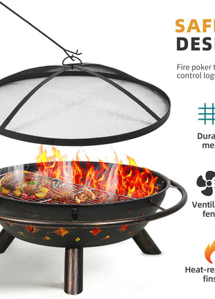 Hykolity 41" Large Size 2 in 1 Outdoor Fire Pit with Grill, Heavy Duty Steel Wood Burning Firepalce, Fire Bowl with Antiqued Copper Finish for Bonfire Patio Backyard