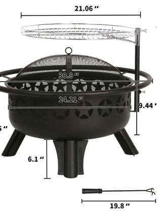 Hykolity 2 in 1 Fire Pit with Grill, Large 31" Wood Burning Fire Pit with Swivel Cooking Grate, Outdoor Firepit with Fire Poker and Spark Cover for Backyard Bonfire Patio Outside Picnic BBQ