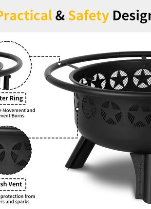 Hykolity 2 in 1 Fire Pit with Grill, Large 31" Wood Burning Fire Pit with Swivel Cooking Grate Outdoor Firepit for Backyard Bonfire Patio Outside Picnic BBQ, with Spark Cover, Fire Poker