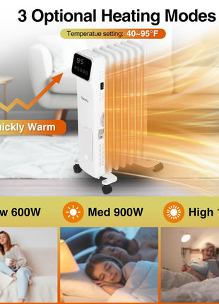 Hykolity 1500W Oil Filled Radiator Heater with Remote Control, Electric Space Heater with 3 Heating Modes & 24H Timer, Adjustable Thermostat, Overheat & Tip-Over Protection for Home, Indoor use, White