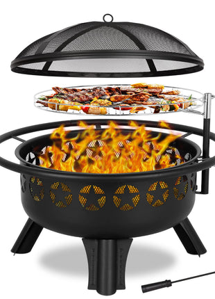 Hykolity 2 in 1 Fire Pit with Grill, Large 31" Wood Burning Fire Pit with Swivel Cooking Grate Outdoor Firepit for Backyard Bonfire Patio Outside Picnic BBQ, with Spark Cover, Fire Poker