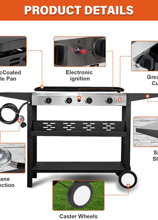 Hykolity 4 Burner Flat Top Gas Griddle with Ceramic Coated Iron Pan, 40,000 BTU Outdoor Propane BBQ Griddle, Stainless Steel Barbecue Gas Grill for Camping, Tailgating, Cooking