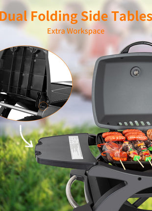 Hykolity 12,000 BTU Portable Tabletop Propane Gas Grill, Outdoor BBQ Grill with Built-in Thermometer, Black Camping Grill with Removable Side Tables for Outdoor Cooking, Tailgating