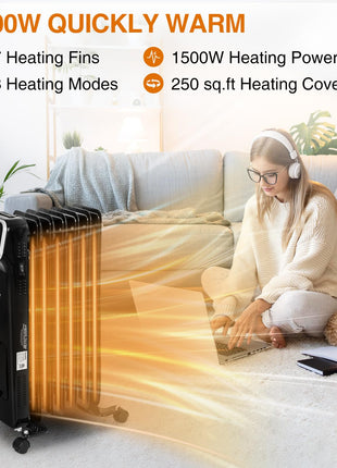 Hykolity 1500W Oil Filled Radiator Heater with Remote Control, Electric Space Heater with 3 Heating Modes & 24H Timer, Adjustable Thermostat, Overheat & Tip-Over Protection for Home, Indoor Use, Black