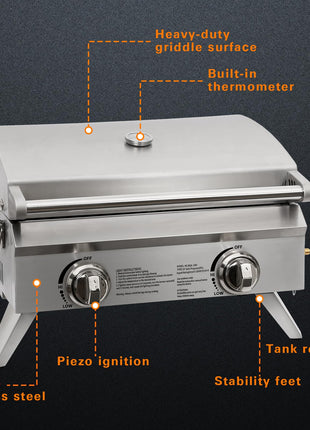 Hykolity 20 in. Portable Tabletop Gas Grill, 20,000 BTU Propane Gas Grill with Travel Locks & Built in Thermometer, Stainless Steel Table Top Camping Grill with Foldable Legs for Outdoor, Cooking