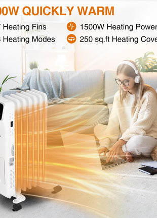 Hykolity 1500W Oil Filled Radiator Heater with Remote Control, Electric Space Heater with 3 Heating Modes & 24H Timer, Adjustable Thermostat, Overheat & Tip-Over Protection for Home, Indoor use, White