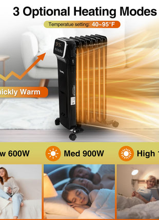 Hykolity 1500W Oil Filled Radiator Heater with Remote Control, Electric Space Heater with 3 Heating Modes & 24H Timer, Adjustable Thermostat, Overheat & Tip-Over Protection for Home, Indoor Use, Black