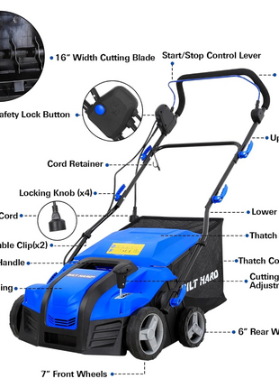 16-Inch Electric-Powered Dethatcher Scarifier with 15 Amp Copper Motor, 5-Position Depth Adjustment, 14.5 Gallon Thatch Bag. 2-in-1 Walk-Behind Thatch Removing Machine 