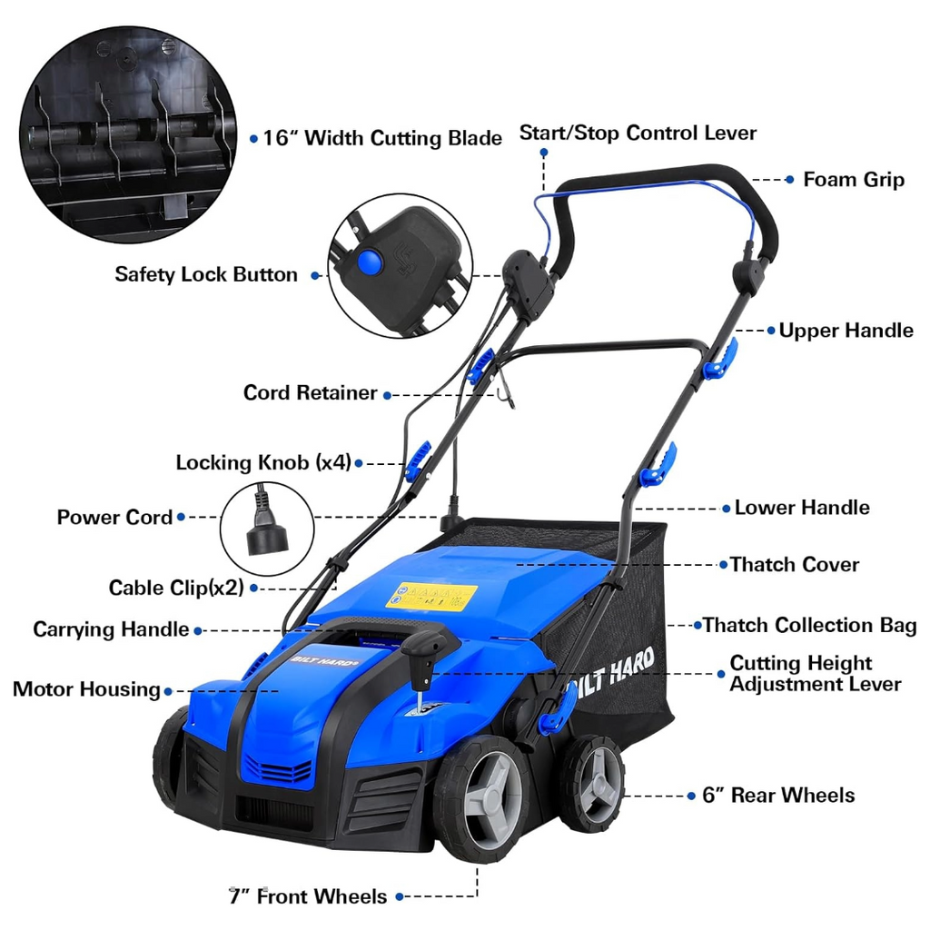 16-Inch Electric-Powered Dethatcher Scarifier with 15 Amp Copper Motor, 5-Position Depth Adjustment, 14.5 Gallon Thatch Bag. 2-in-1 Walk-Behind Thatch Removing Machine 