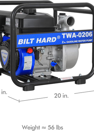 BILT HARD Semi Trash Pump 2 inch, 158 GPM 6.5HP Gas Powered Water Pump, 196cc 4-Cycle Engine with 50 ft Discharge Hose, 12 ft Suction Hose and Complete Fittings, EPA Certified