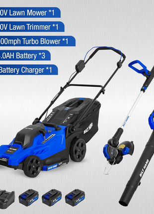 BILT HARD 40V 17" Brushless Cordless Lawn Mower, 2-in-1 12" String Trimmer & Edger and Leaf Blower Combo Set, Electric Battery Lawn Mower Set with 3 x 4.0Ah Batteries and Dual Charger