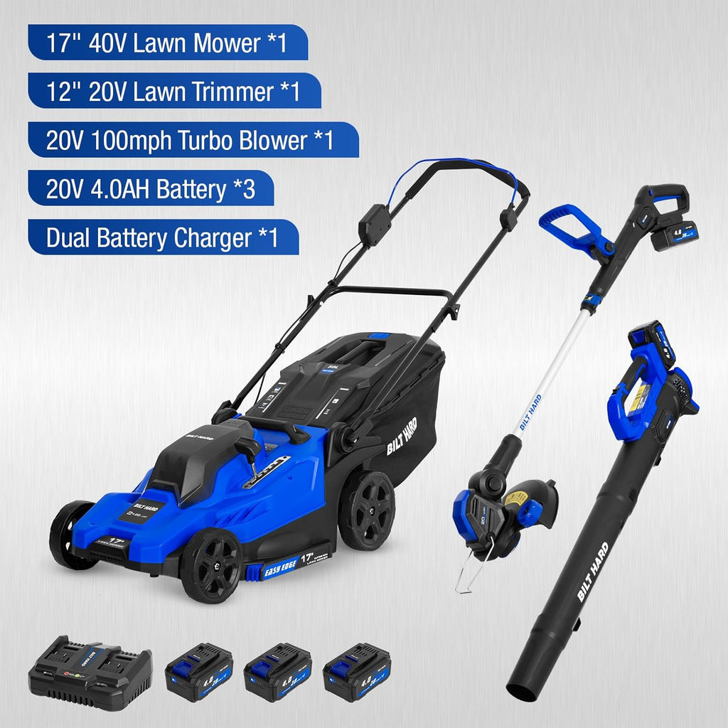 BILT HARD 40V 17" Brushless Cordless Lawn Mower, 2-in-1 12" String Trimmer & Edger and Leaf Blower Combo Set, Electric Battery Lawn Mower Set with 3 x 4.0Ah Batteries and Dual Charger