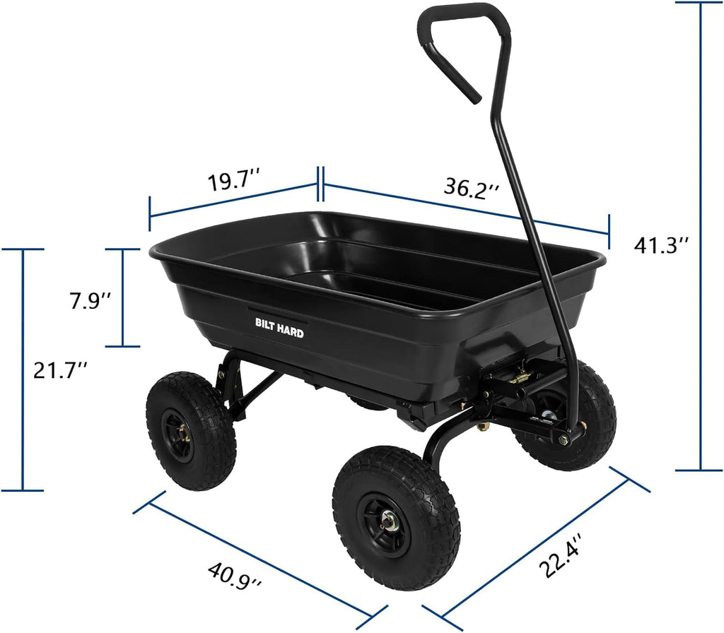 BILT HARD Poly Garden Dump Cart 600 lbs with No Flat Tires, Quick Release, 4 Cu Ft Dump Wagon Heavy Duty for Yard, Outdoor