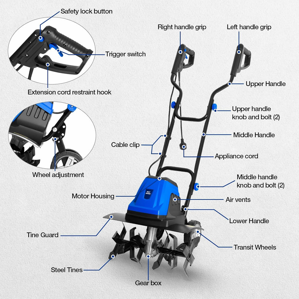 BILT HARD 18 Inch Electric Tiller Cultivator, Corded 15 Amp 6 Steel Tines Tillers for Gardening, Garden Rototiller for Soil Digging with Adjustable Wheels