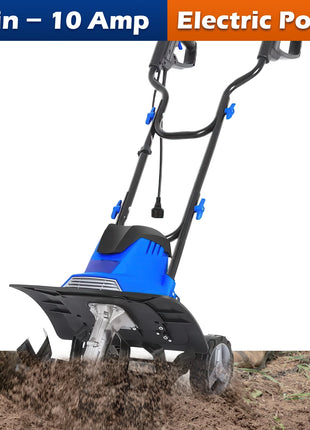 14-inch Tiller Cultivator with 10 Amp Motor, 4 Steel Tines, Foldable Design for Gardening. Electric Garden Rototiller with Adjustable Wheels.